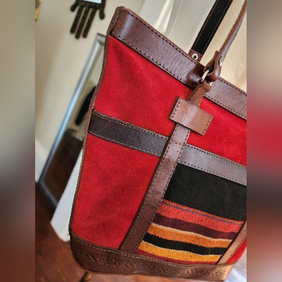 Handcraft Bolivian Red Suede & Brown 100% Leather Tote Bag - Picture 5 of 12